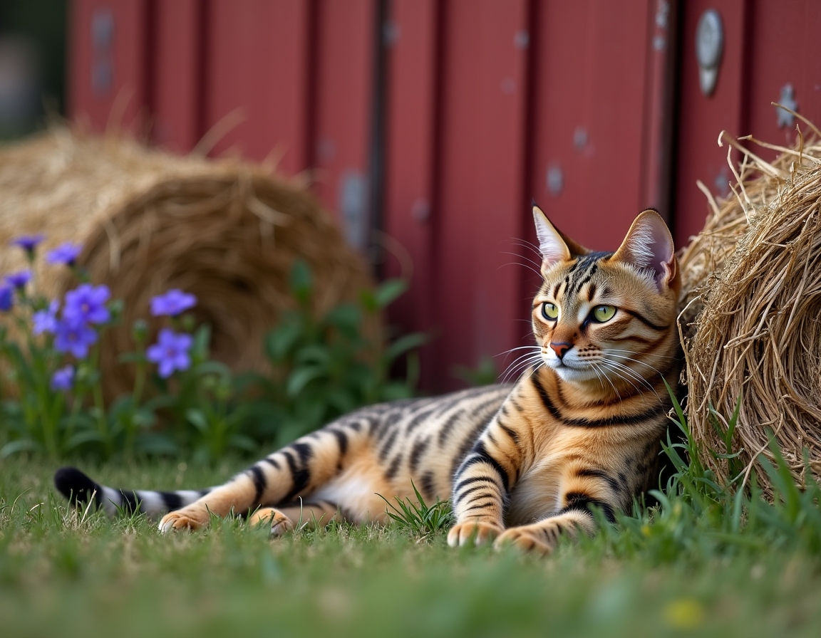 Cat rests peacefully near a barn, enjoying the tranquility of the countryside.